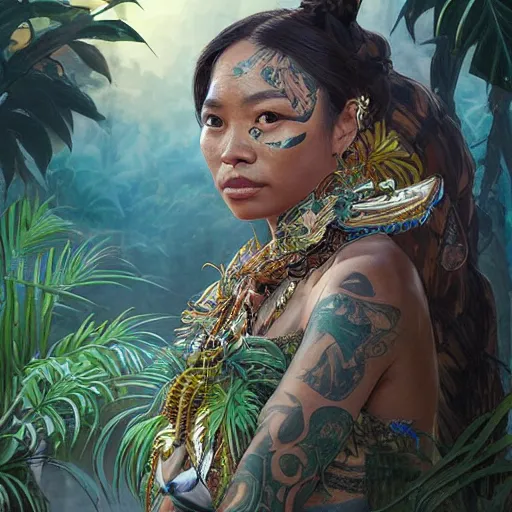 Image similar to A Pacific Islander Ruler, facial tattoos, artists portrait, wild jungle, fantasy, highly detailed, digital painting, concept art, sharp focus, depth of field blur, illustration, art by artgerm and greg rutkowski and alphonse mucha