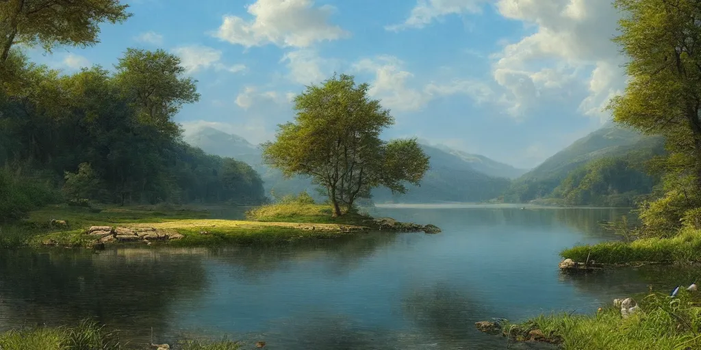Image similar to a beautiful lake landscape in summer, by Ernest deutsch + Ted Nasmith, cinematic lighting, masterpiece, highly detailed, 8k resolution, trending on art station