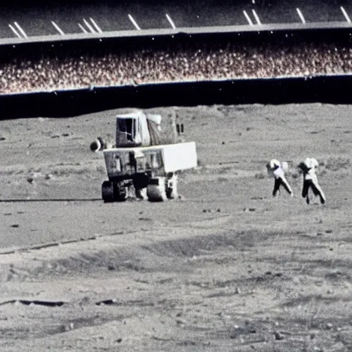 Prompt: Apollo 11 landing in a football stadium. Photographic quality, vintage, realistic, wide.