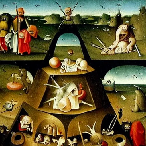 Image similar to Optical illusion painted by Hieronim Bosch. very detailed