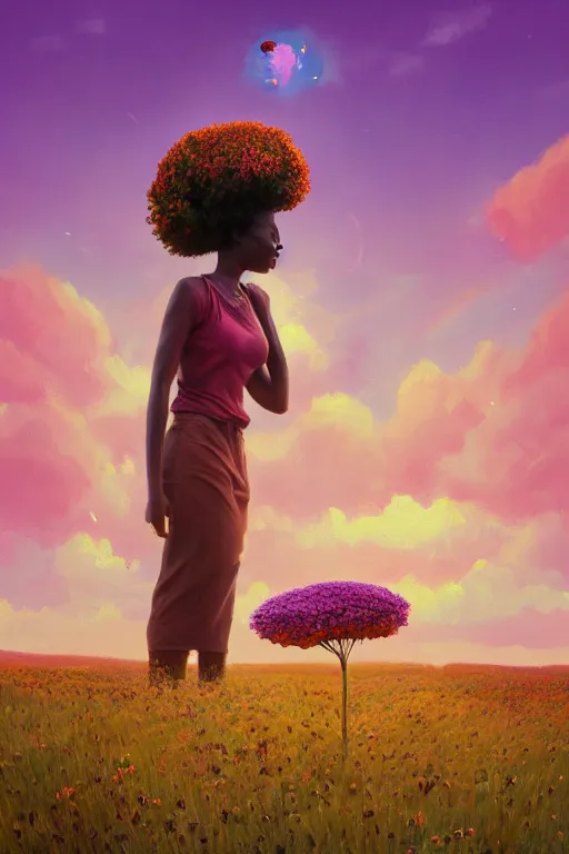 Prompt: closeup, giant flower under head, an african woman in heather field, surreal photography, golden hour, colorful clouds, impressionist painting, digital painting, artstation, simon stalenhag