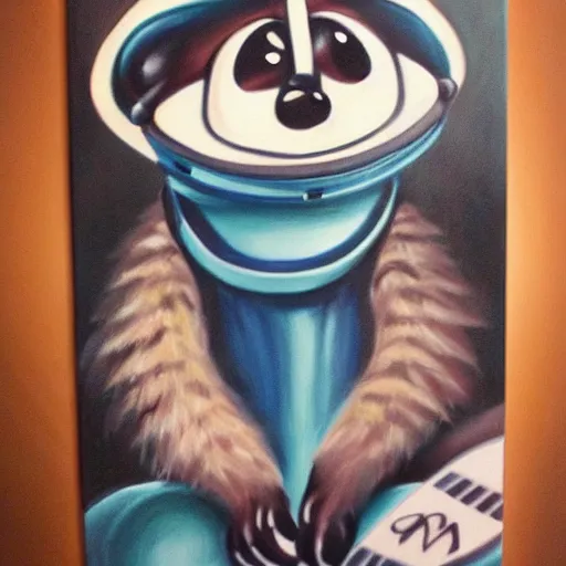 Image similar to painting of an anthropomorphic furry cute baby raccoon astronaut by disney, pixar