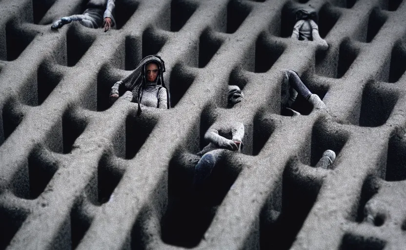 Image similar to cinestill 5 0 d photographic portrait by helen levitt of a group of android women wearing rugged black mesh techwear in a cement maze, extreme closeup, modern cyberpunk, minimalism, dust storm, 8 k, hd, high resolution, 3 5 mm, f / 3 2, ultra realistic faces, intricate detail, ex machina