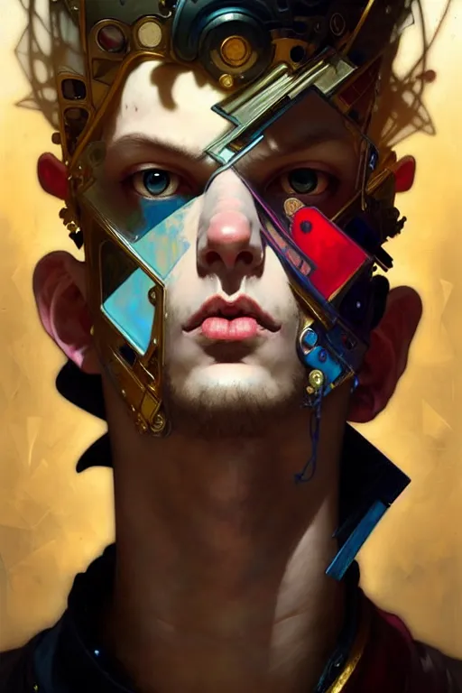 Image similar to portrait, male boy patchwork doll, cyberpunk, elegant baroque, expressive, asymmetrical art, hyperrealism, colorful, vivid, imposing, epic, abstract texture, gold leaf texture, artstation, concept art, by peter mohrbacher and wlop and rhads and artgerm and magali villeneuve and alphonse mucha