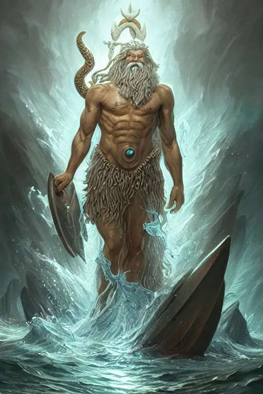 Image similar to poseidon humanoid god of the sea, trident, highly detailed, d & d, fantasy, highly detailed, digital painting, trending on artstation, concept art, sharp focus, illustration, art by artgerm and greg rutkowski and magali villeneuve