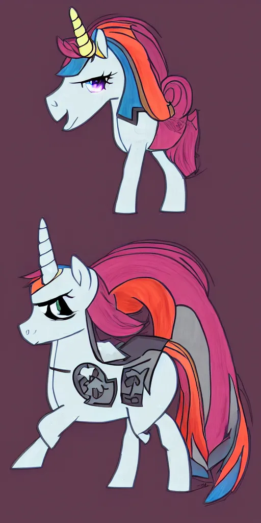 Image similar to Fallout Equestria Project Horizons | Blackjack Character Fanart | White MLP Unicorn Mare with red and black shaggy hair, and bright, robotic eyes. | Cutie Mark is: Ace and Queen of Spades | Trending on ArtStation, Digital Art, MLP Fanart, Fallout Fanart | Blackjack sitting and looking depressed at the viewer