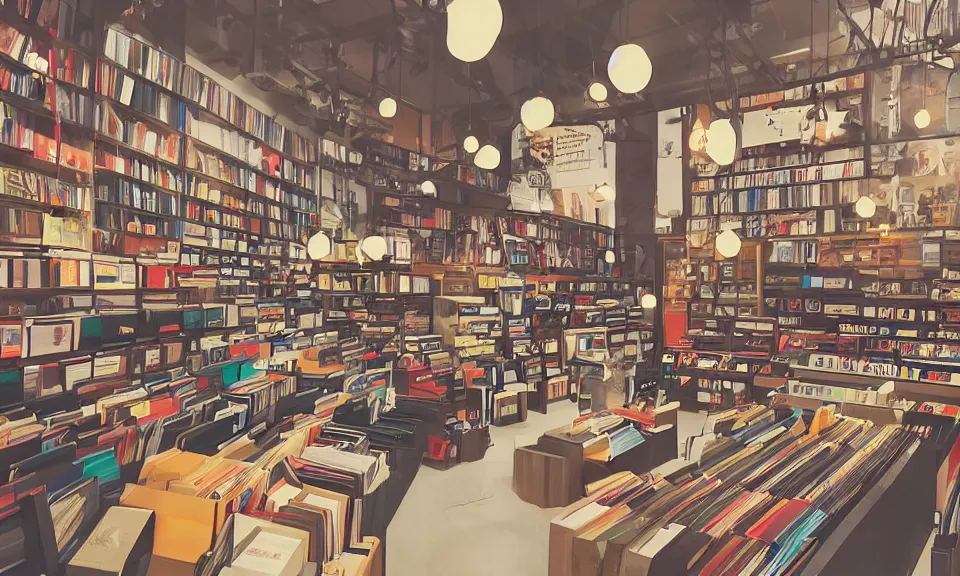 Image similar to interior of a record store, cozy atmosphere, anime style, customers talking to each other, highly detailed