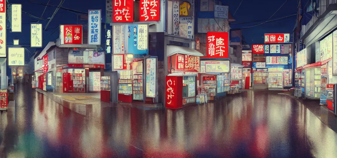 Image similar to photo of a japanese convenience store at night in the rain, small street, rendered in octane, highly detailed, award winning