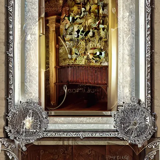 Image similar to castle interior with a magical mirror with silver frames floating around while shooting magic, digital art