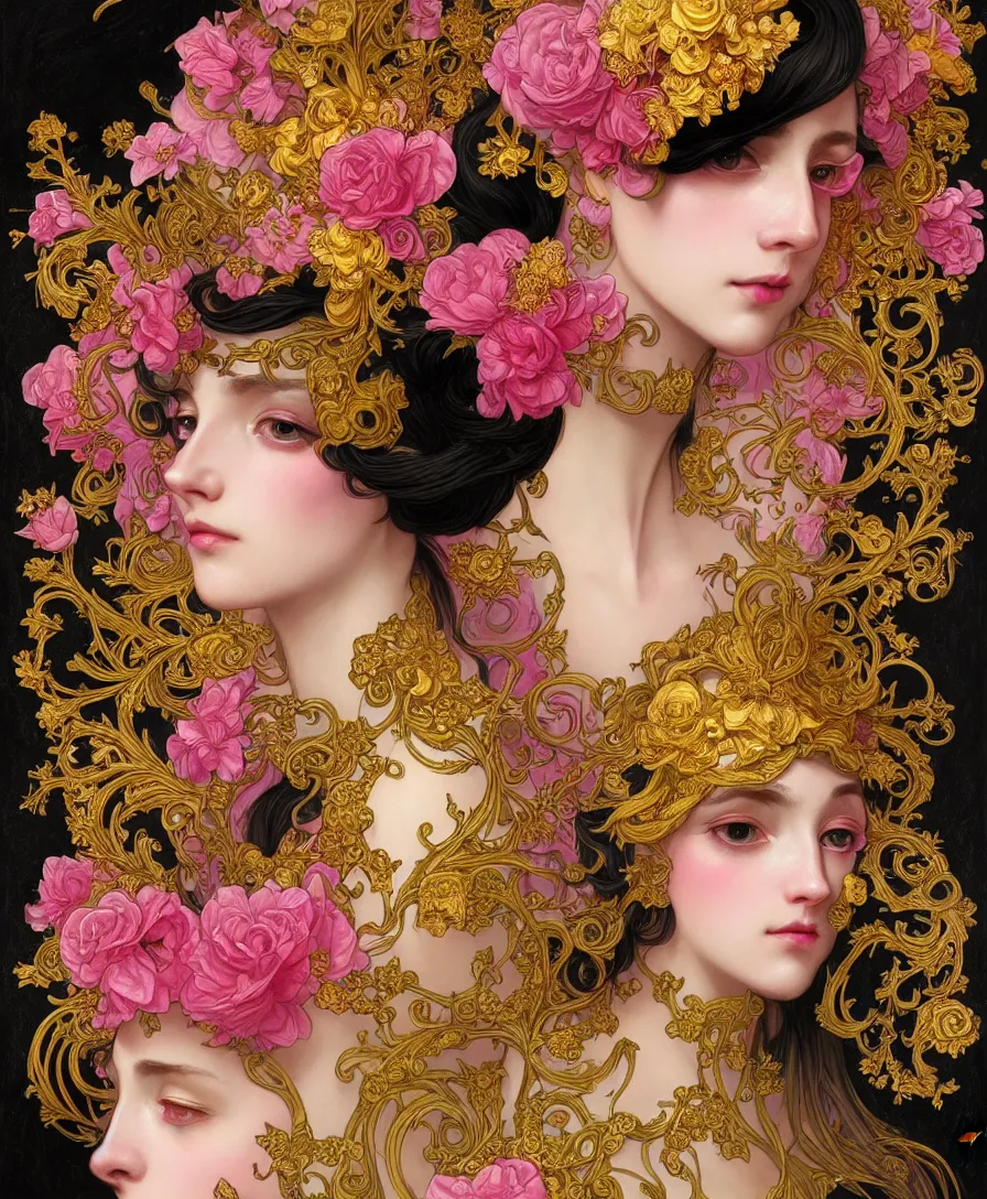 Image similar to beautiful black pink yellow, complicated gold and pink flowers in baroque style headwears, dark fantasy, intricate, elegant, highly detailed, digital painting, artstation, concept art, matte, 3 d 8 k octane rendered, sharp focus, illustration, octane rendered, art by artgerm and alphonse mucha, leesha hannigan