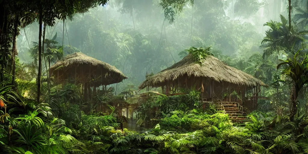 Image similar to tropical jungle, wall wood fortress, Photorealistic, plants environment, wide angle, establishing shot, cinematic lighting, atmospheric, realistic, octane render, highly detailed, color graded, matte painting in the style of craig mullins