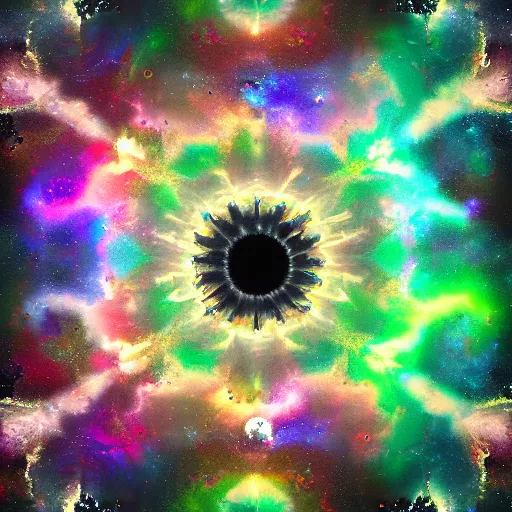 Image similar to a painting of a black portal!! in outer space, surrounded by fractals!, galaxies, and clouds!! of kaleidoscopic colors, trending on art station