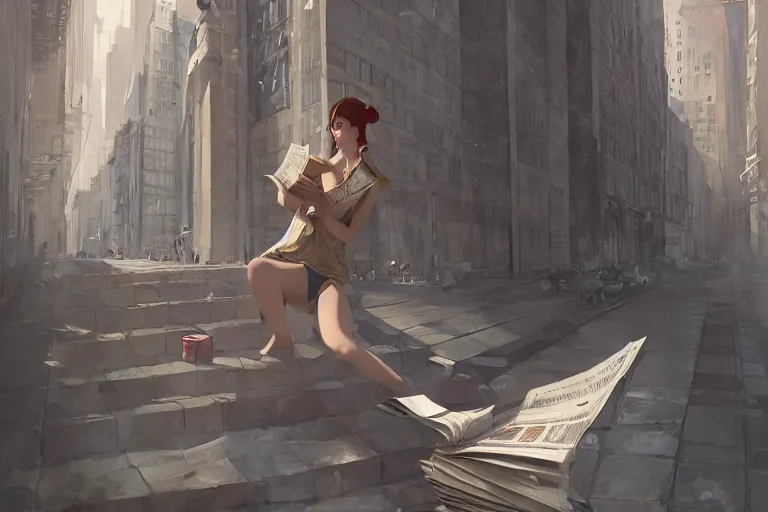 Image similar to seductive goddes reading newspaper in modern city in the style of Durand and greg rutkowski, beautiful, geometric, trending on artstation, cinematic