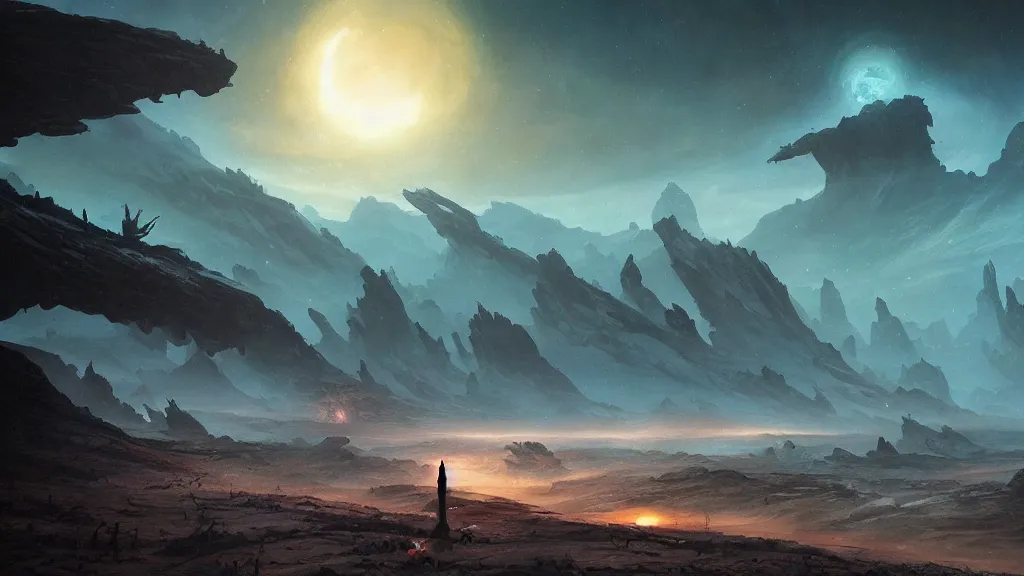 Image similar to eerie atmospheric alien planet heavily eroded by les edwards and vincent di fate and anato finnstark, epic cinematic matte painting