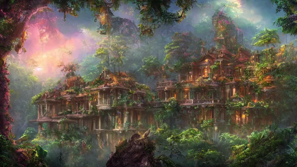 Prompt: A beautiful mansion in the Jungle”Beautiful Dreamscape, Digital art, concept art, detailed, lovely colors, Art station,3-D 4K, beautiful background, matte painting, Frank Lloyd Write,