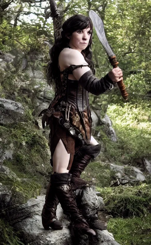 Image similar to epic fantasy d & d hobbit rogue, halfling, hobbit, female, black leather corset, cinematic, beautiful lighting, realistic, action, epic