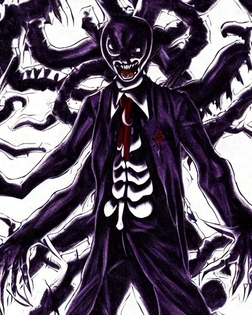 Prompt: shin megami tensei art of a demon called slenderman, art by kazuma kaneko, demonic compedium, digital drawing, high quality, highly detailed