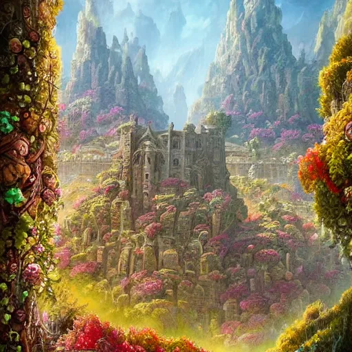 Prompt: forgotten stone city on a hill that rises up from the plain. the stone is carved into intricate patterns: spirals and flowers, vines and knots. towers high above, archways, strange trees and flowers. a beautiful and vivid and colorful andreas rocha and peter mohrbacher impasto!! acrylic painting