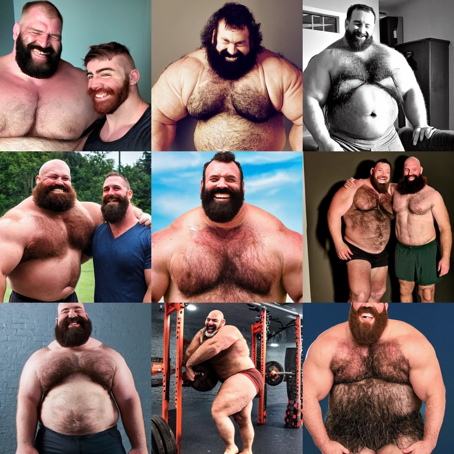 Prompt: giant strongman, burly, hairy, size difference, gentle giant, smile