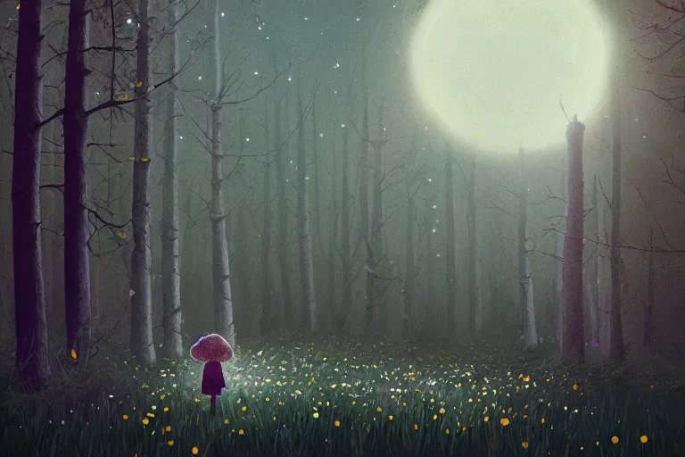 Image similar to giant bunch of daisy flowers head, girl walking in dark forest, surreal photography, dark night, stars, moon light, impressionist painting, clouds, digital painting, artstation, simon stalenhag