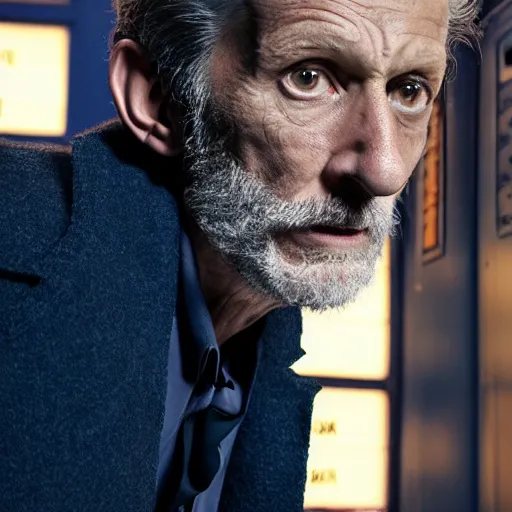 Image similar to tom holland as a rough dirty old man with a scruffy beard in a dark blue trenchcoat as the new doctor who, cinematic, volumetric lighting, f 8 aperture, cinematic eastman 5 3 8 4 film, photorealistic