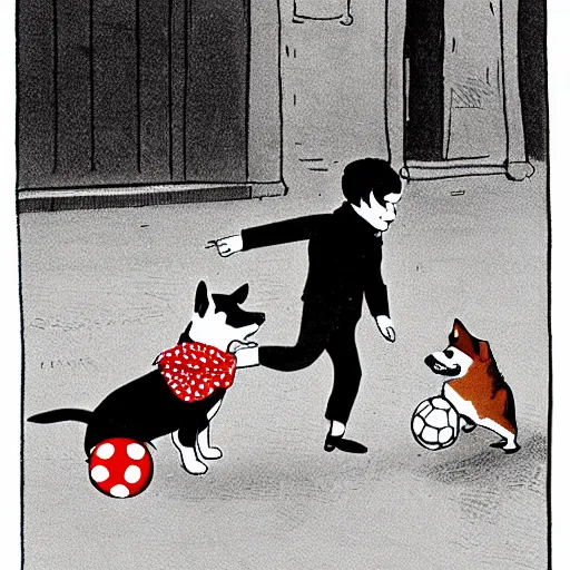 Image similar to illustration of french boy on the streets of paris playing football against a corgi, the dog is wearing a polka dot scarf, comic, 1 9 6 2