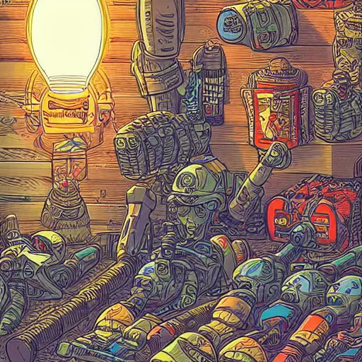 Image similar to artwork of toy plastic doll next to weapons, hand grenades, rpg, by dan mumford, beautiful, extremely detailed linework