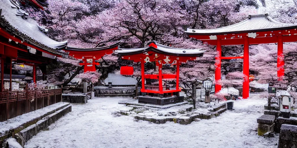 Image similar to a Japanese shrine, snowing, photograph, cyberpunk, sharp focus, intricate detail, drone shot, high resolution, 8k, neon streetlights, wires hanging down everywhere, Japan, colourful,,