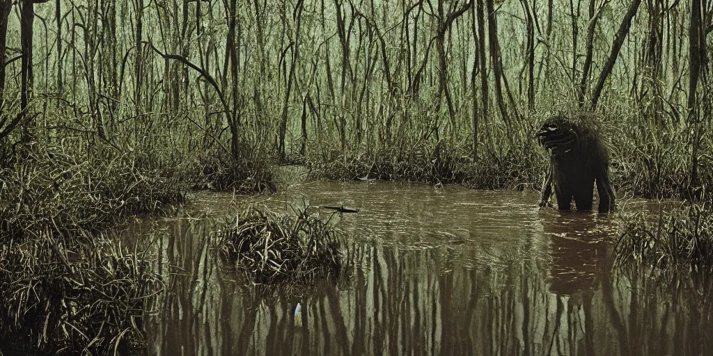 Image similar to A monster walking alongside a channel of water in a dense swamp, Kodachrome color film, grainy, film grain