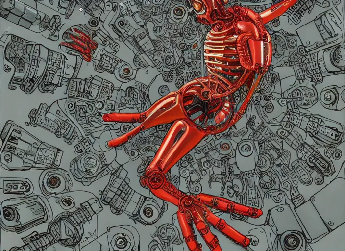 Image similar to cyborg in the data center, wired to the equipment and typing on the keyboard, red biomechanical details, wearing epic bionic cyborg implants, inflateble shapes, masterpiece, intricate, biopunk, highly detailed, artstation, concept art by frank miller geof darrow, 8 k