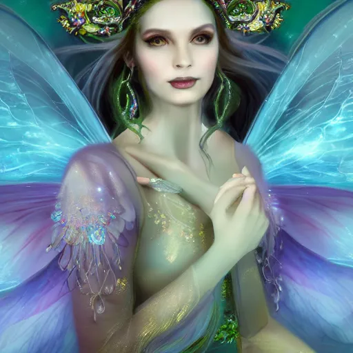 Image similar to detailed portrait of a fairy queen with wings wearing a silk robe, crown, pixie, iris, realism, emerald, galaxy, sapphire, moonlit, wearing a bejeweled face mask, dark fantasy, dramatic lighting, dreamlike, cgsociety, artstation