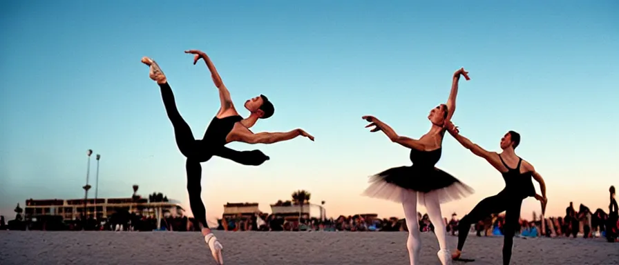 Image similar to contemporary russian ballet performance in los angeles at sunset, at venice beach, event photography, canon 5 0 mm ektachrome