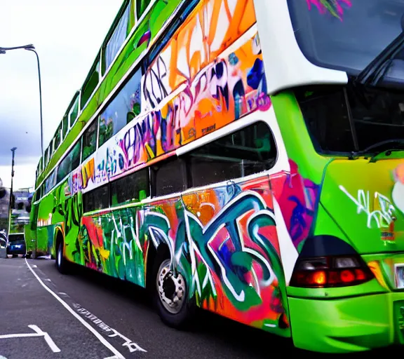 Prompt: graffiti tag on a double decker bus that says ireland