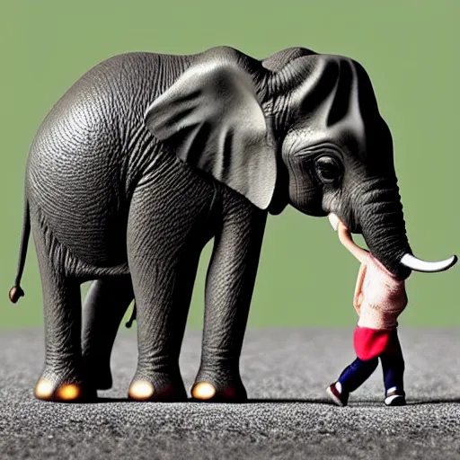 Prompt: a tiny minuscule elephant next to a human - n 9