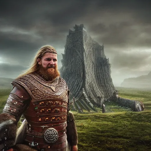 Prompt: an ultra detailed mighty viking standing portrait in front of a highly detailed landscape of a big and structured norse city inspired by valhalla, big and structured valhalla city, viking heaven, god rays, inspired by norse mythology, 4k digital art, octane render, trending on artstation, digital art,