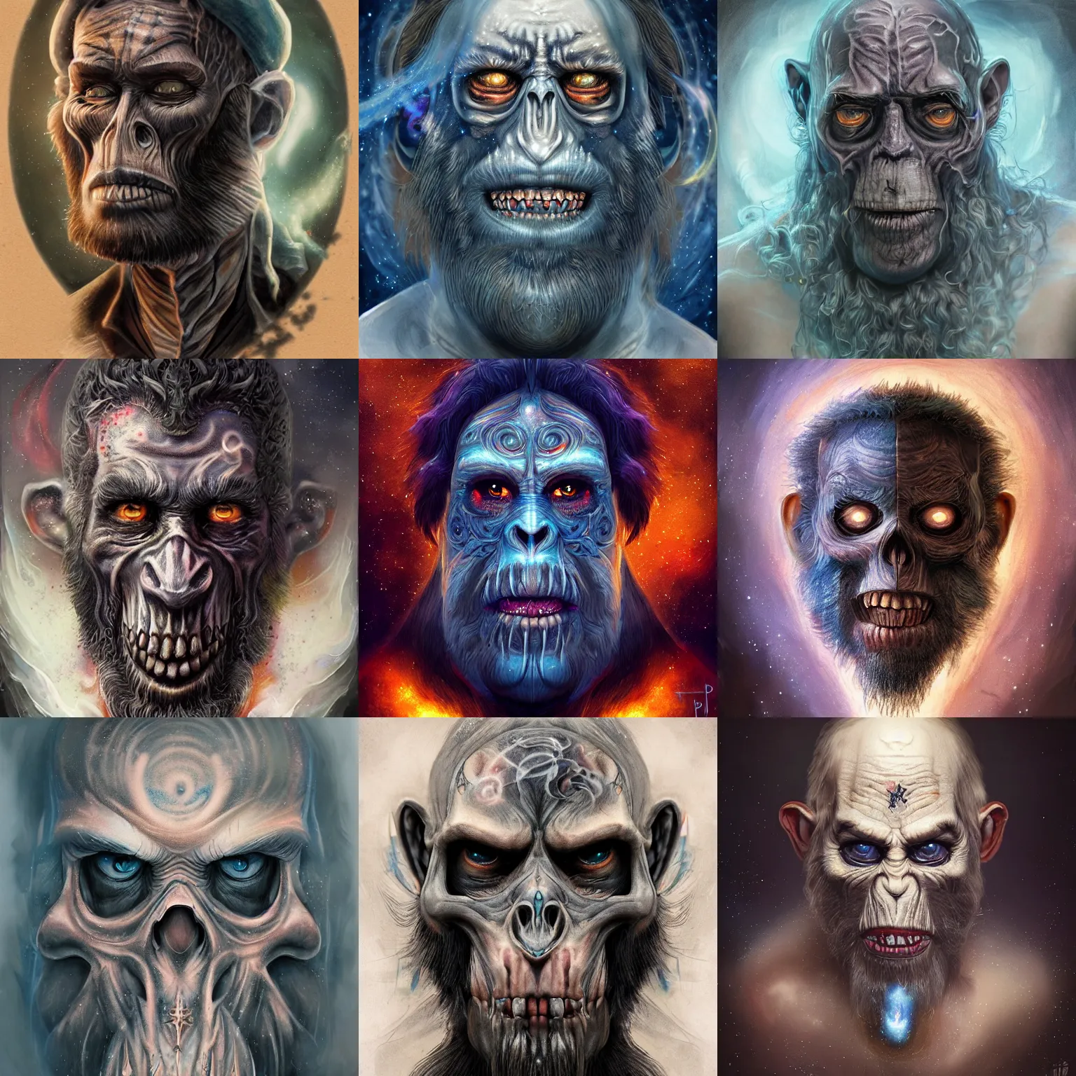 Image similar to a WLOP 3d render of Very very very very highly detailed beautiful mystic portrait of a phantom undead ape with whirling galaxy around, tattoos by Anton Pieck, intricate, extremely detailed, digital painting, artstation, concept art, smooth, sharp focus, illustration, intimidating lighting, incredible art,