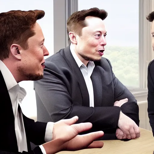 Prompt: elon musk chatting with donald trump in a cafe shop photo - realistic unreal engine 5 style