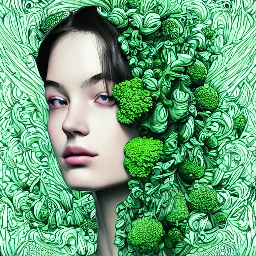 Image similar to the portrait of an unbelievably beautiful and sophisticated young woman made up of broccoli looking straight up, an ultrafine detailed illustration by james jean, intricate linework, bright colors, final fantasy, behance contest winner, vanitas, angular, altermodern, unreal engine 5 highly rendered, global illumination, radiant light, detailed and intricate environment