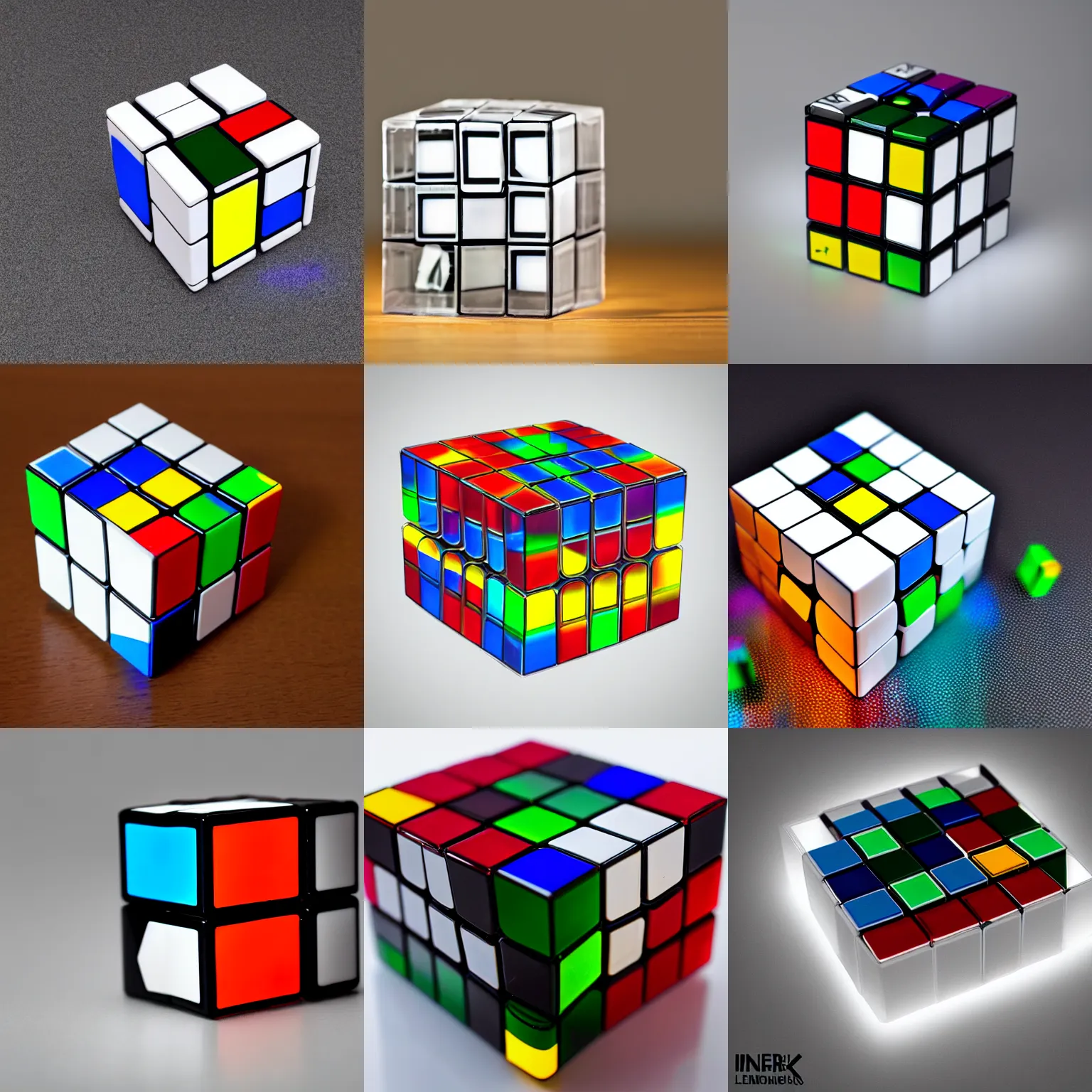 Prompt: a transparent rubik's cube, the innerworkings are visible, white back light, white environment, dslr, photorealistic