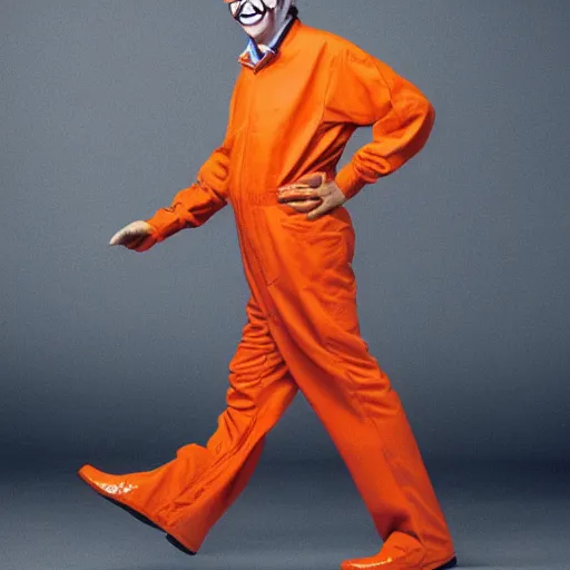 Image similar to UHD candid photo of Bill Gates dressed in orange jumpsuit, wearing extremely accurate clown makeup, accurate face, UHD, photorealistic, correct face, photo by Annie Leibowitz