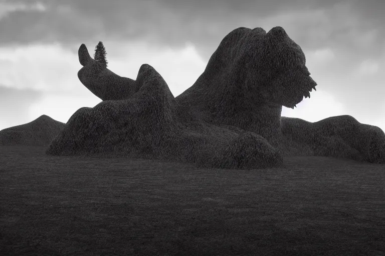 Image similar to a sublime black and white landscape photograph, silhouette of a giant monster in the distance, in the style of ansel adams, octane render 8 k