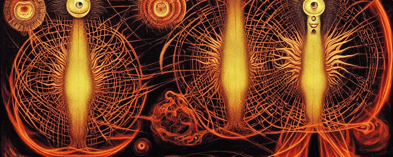Prompt: a strange fire creature with endearing eyes radiates a unique canto'as above so below'while being ignited by the spirit of haeckel and robert fludd, in the long deep infinite tunnel of the ego - self axis, glory to my soul, in honor of saturn, painted by ronny khalil