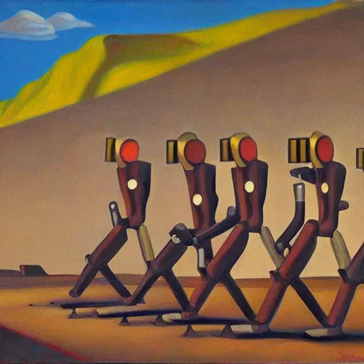 Image similar to robots marching off of a cliff, dystopian, pj crook, edward hopper, oil on canvas