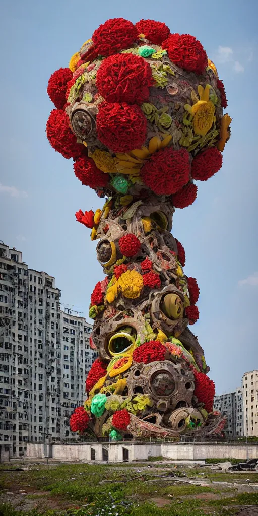 Image similar to colossal grotesque flower made from unfulfilled communist dreams in the middle of abandoned post soviet constructivist cityscape, Stalinist architecture, ultradetailed, Intricate by Hayao Miyazaki and Josan Gonzalez and Makoto Shinkai and Giuseppe Arcimboldo and Wes Anderson