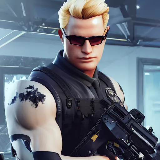 Image similar to albert wesker in fortnite, au naturel, hyper detailed, digital art, trending in artstation, cinematic lighting, studio quality, smooth render, unreal engine 5 rendered, octane rendered, art style by klimt and nixeu and ian sprigger and wlop and krenz cushart