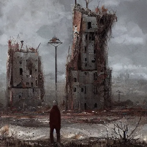 Image similar to painting of a abandoned post soviet town infested with humanoid root monsters by jakub rozalski