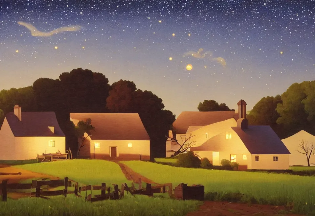 Prompt: a landscape painting of an old farm house in the countryside, painting by kenton nelson, night time with many stars in the sky