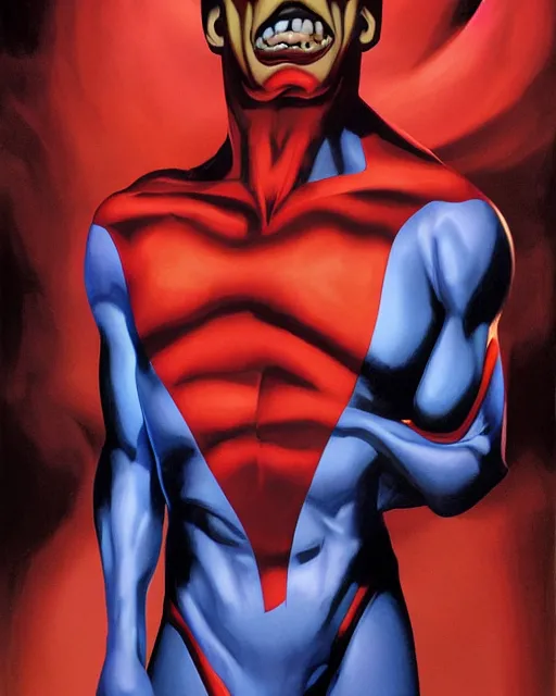 Image similar to Freakazoid, art by Alex Ross, dramatic lighting, dark background, very high quality, incredibly detailed,