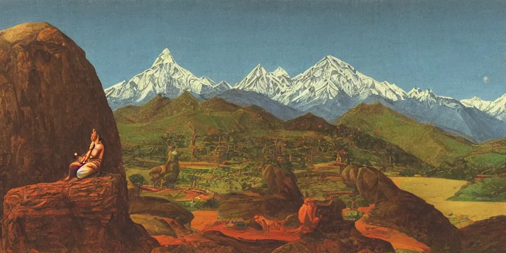 Image similar to Shiva on his Vimana with the Himalaya from the Shiva Rahasya 1827 in the style of David Hockney, detailed oil painting