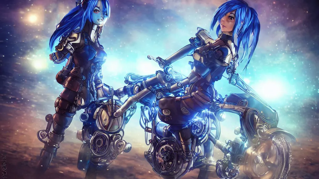 Image similar to cosplay blue haired, solo female character, light armour, miniskirt, riding steampunk motorcycle, in fantasy sci - fi city, night time, city lights, motion blur, final fantasy, cinematic, realistic, stylised, unreal engine, lumen, realistic, artgerm